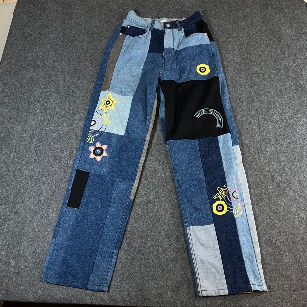 BDG High-Rise Baggy Patchwork Jeans Multi-Color Embroidered Denim Size 27 Boho